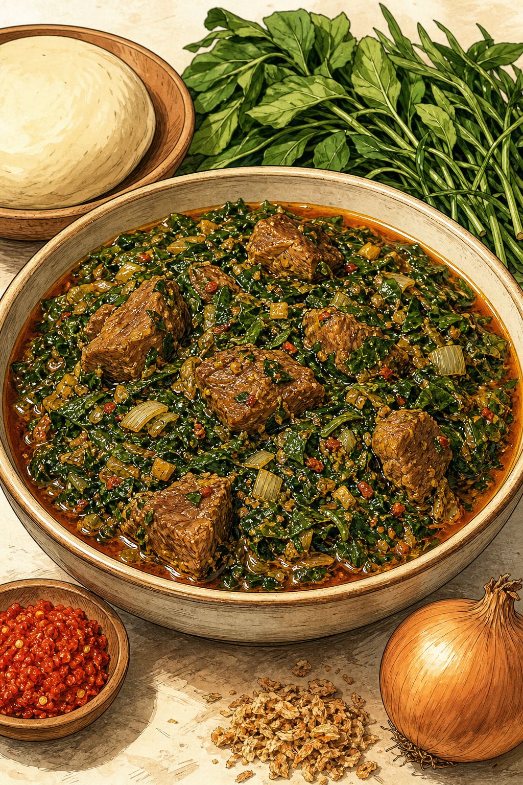 Edikang Ikong with Waterleaf and Ugu illustrated recipe card