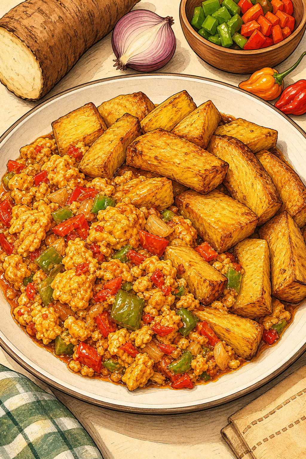 Fried Yam and Egg Sauce