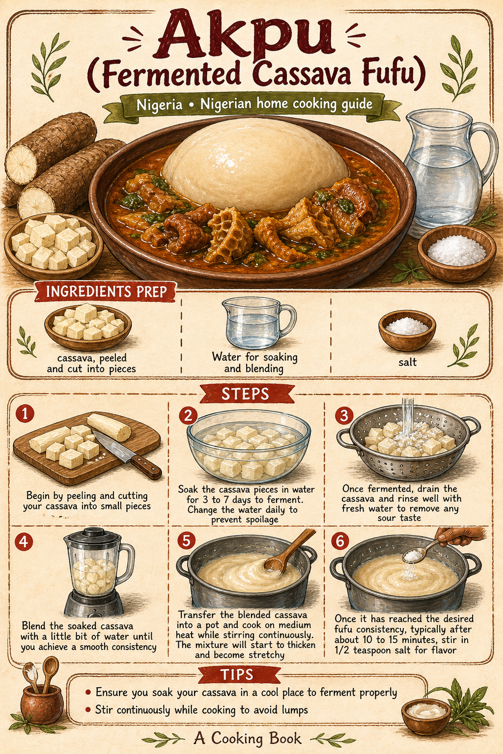Akpu (Fermented Cassava Fufu) illustrated step-by-step cooking guide