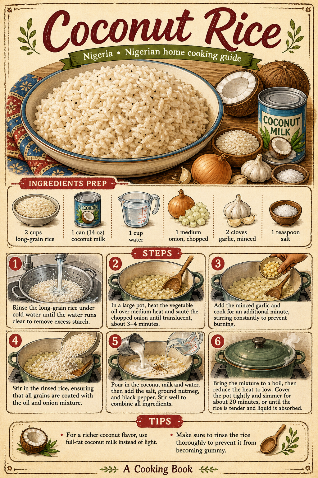 Nigerian Party Coconut Rice with Tomato, Peppers, and Stock illustrated step-by-step cooking guide