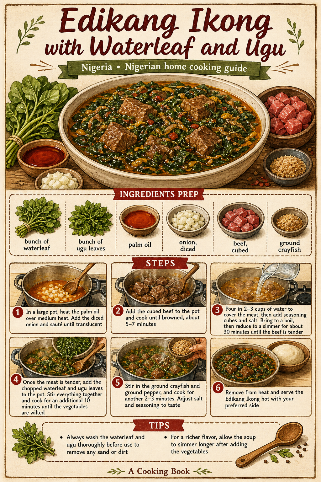 Edikang Ikong with Waterleaf and Ugu illustrated step-by-step cooking guide