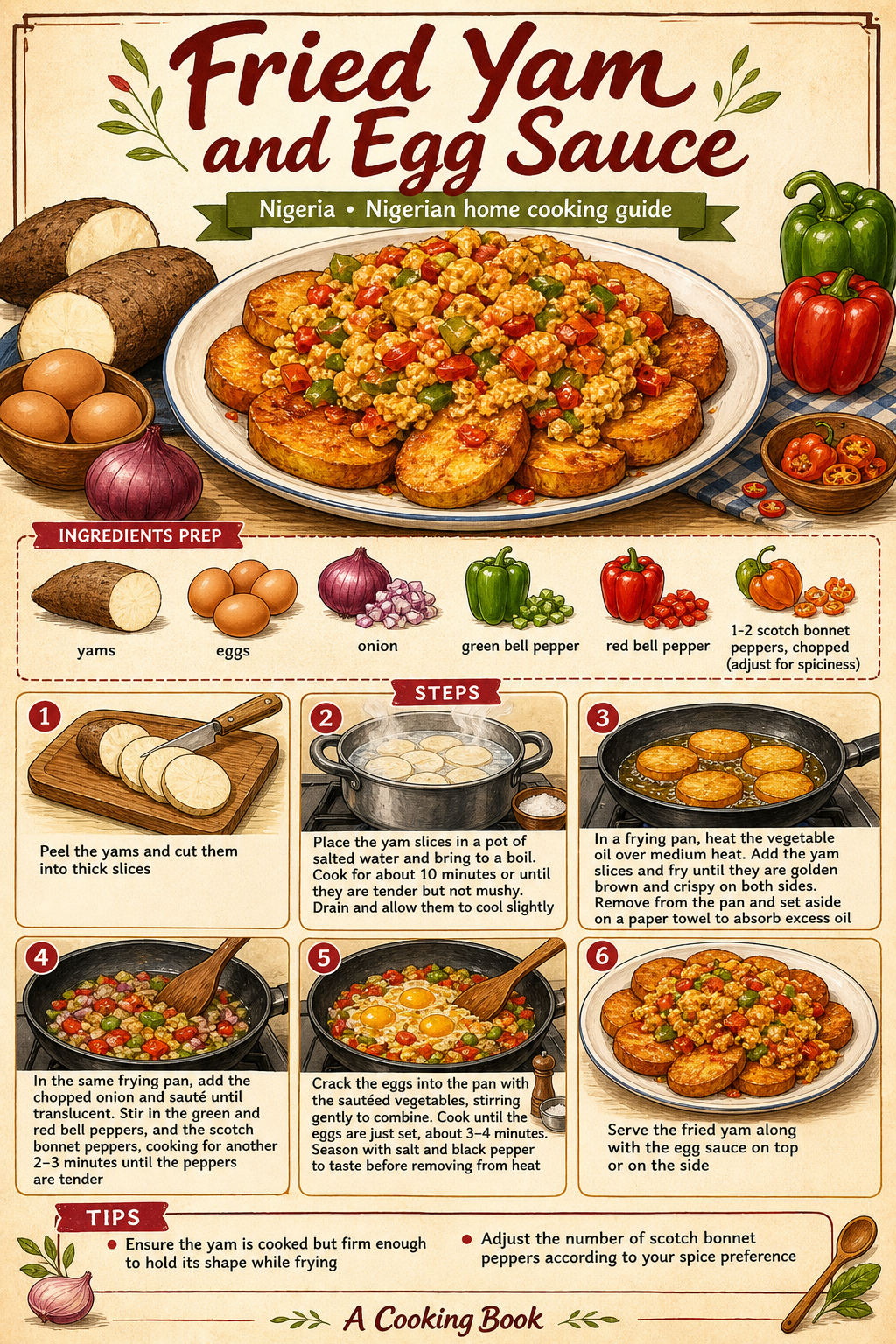 Fried Yam and Egg Sauce illustrated step-by-step cooking guide