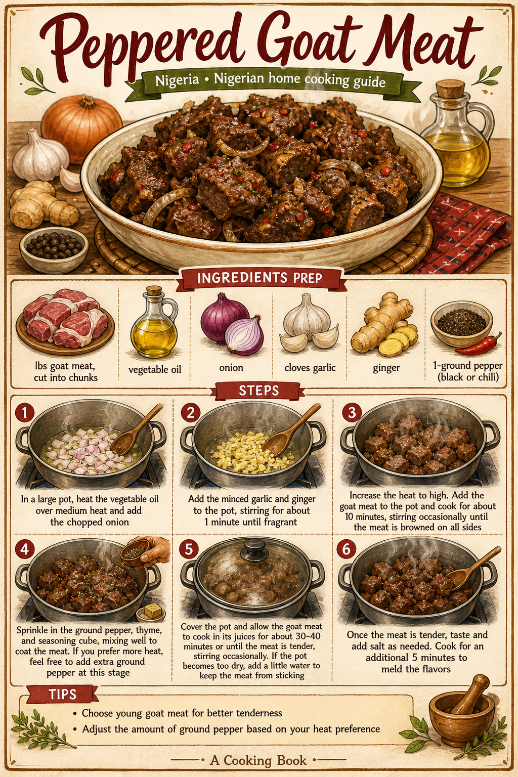 Nigerian Peppered Goat Meat with Scotch Bonnet Sauce illustrated step-by-step cooking guide