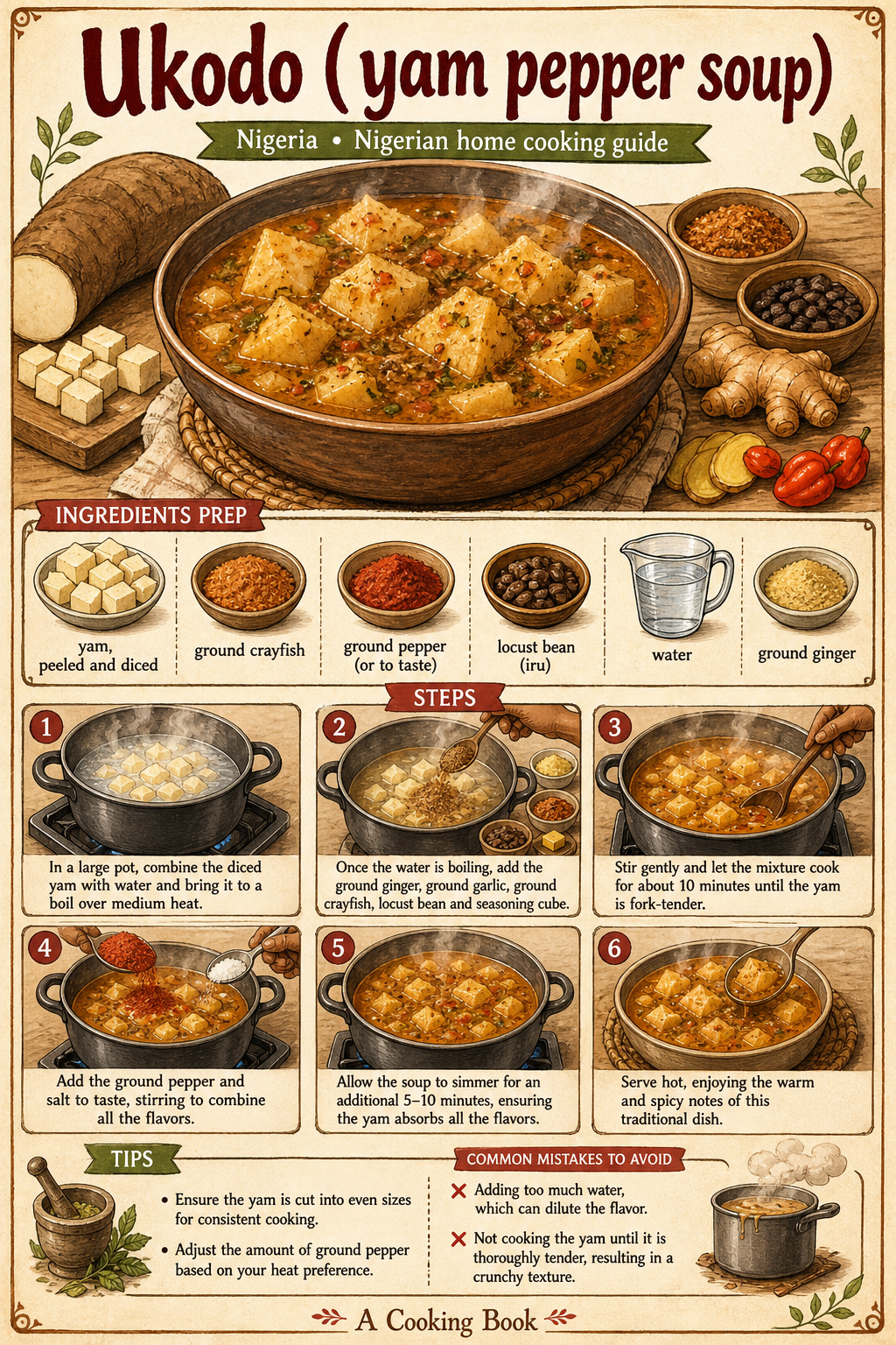 Urhobo Ukodo with Goat Meat, Yam, and Unripe Plantain illustrated step-by-step cooking guide