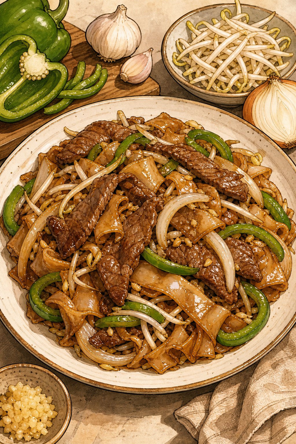 Cantonese Dry-Fried Beef Chow Fun with Bean Sprouts and Chinese Chives