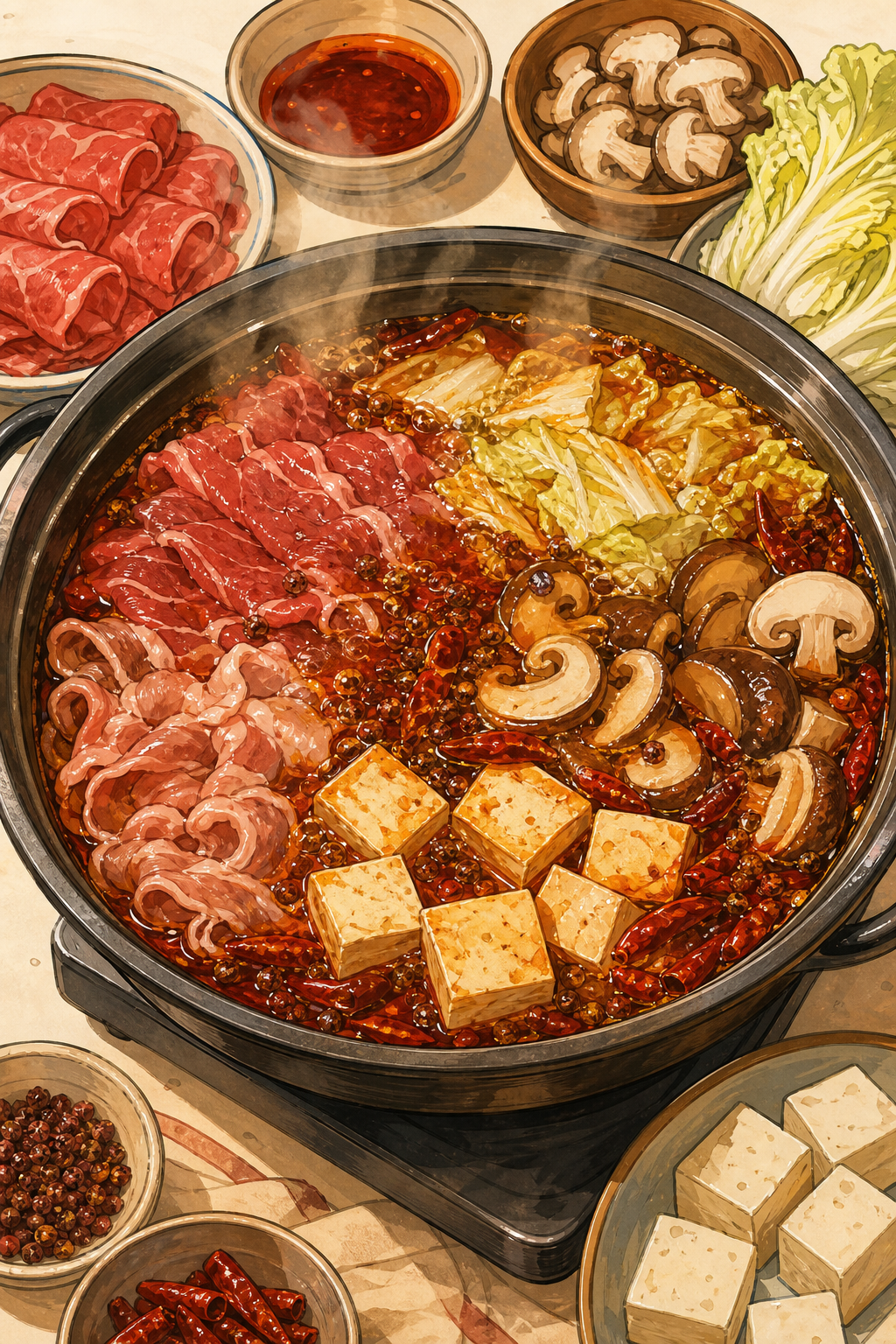 Traditional Sichuan Beef-Tallow Hot Pot with Doubanjiang, Dried Chilies, and Peppercorns