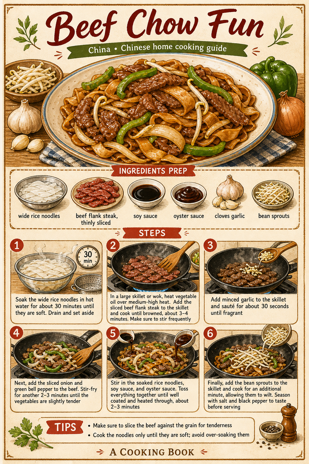 Cantonese Dry-Fried Beef Chow Fun with Bean Sprouts and Chinese Chives illustrated step-by-step cooking guide
