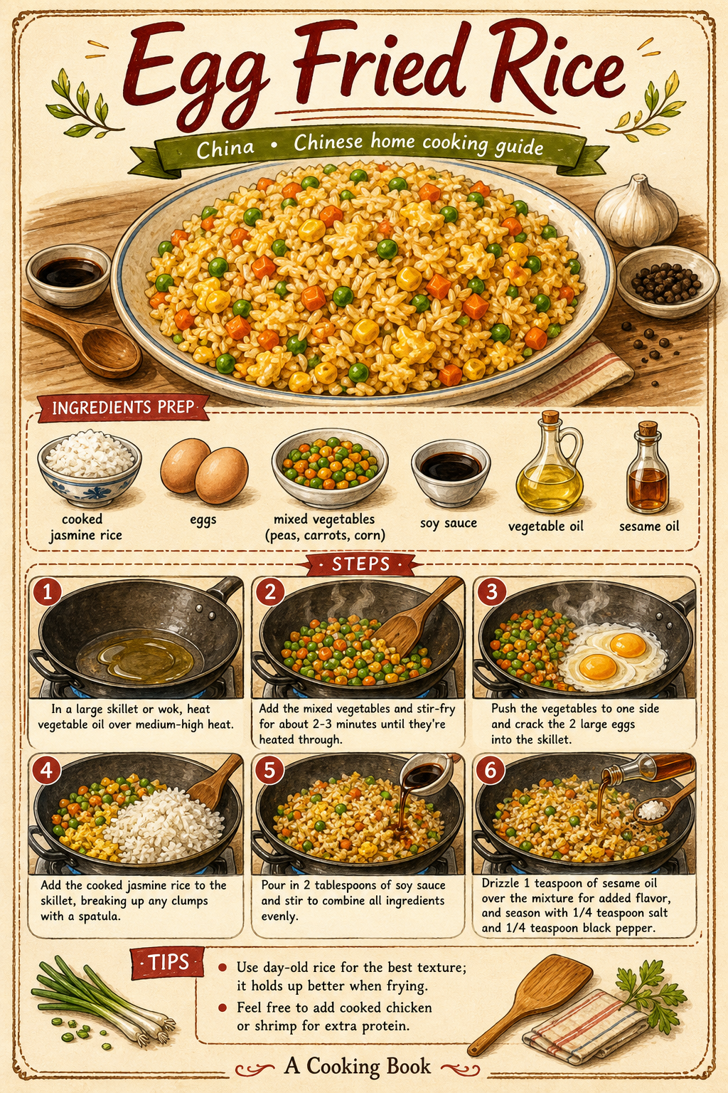 Chinese Egg Fried Rice with Scallions and Day-Old Rice illustrated step-by-step cooking guide