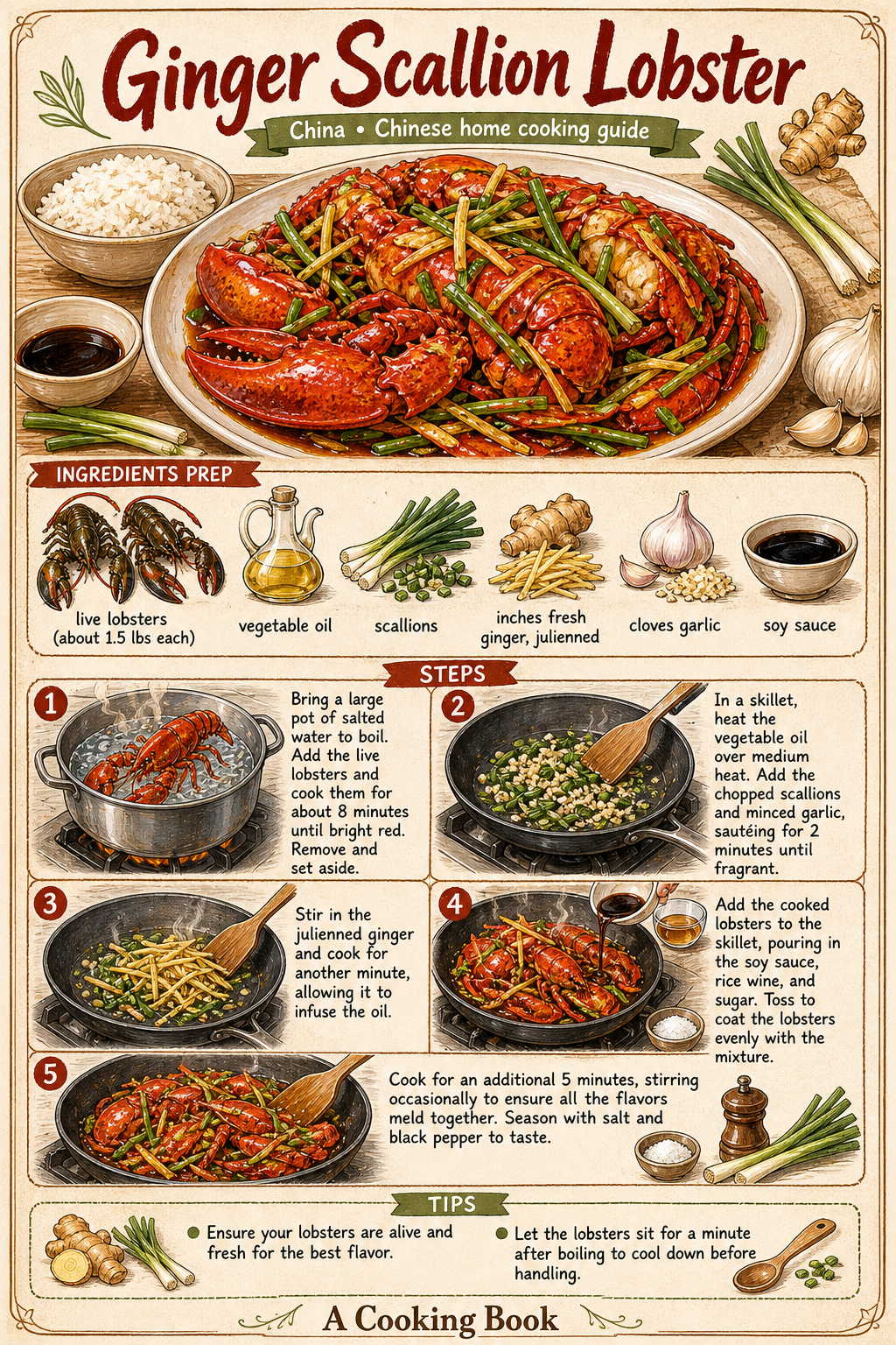 Ginger Scallion Lobster illustrated step-by-step cooking guide