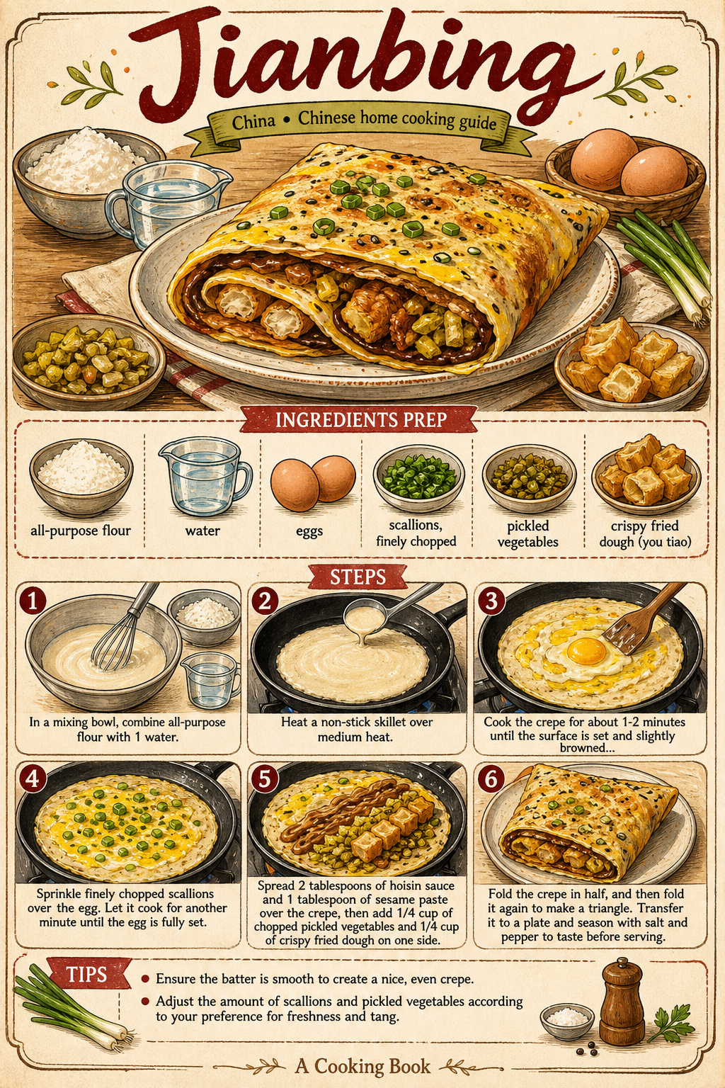 Tianjin Jianbing Guozi with Mung Bean Crepe and Crisp Cracker illustrated step-by-step cooking guide