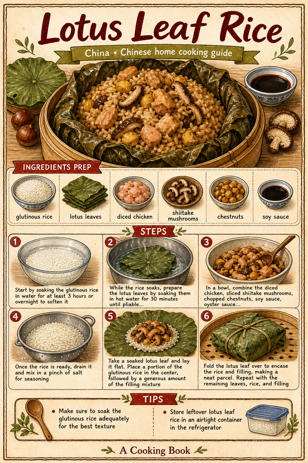 Lotus Leaf Rice illustrated step-by-step cooking guide