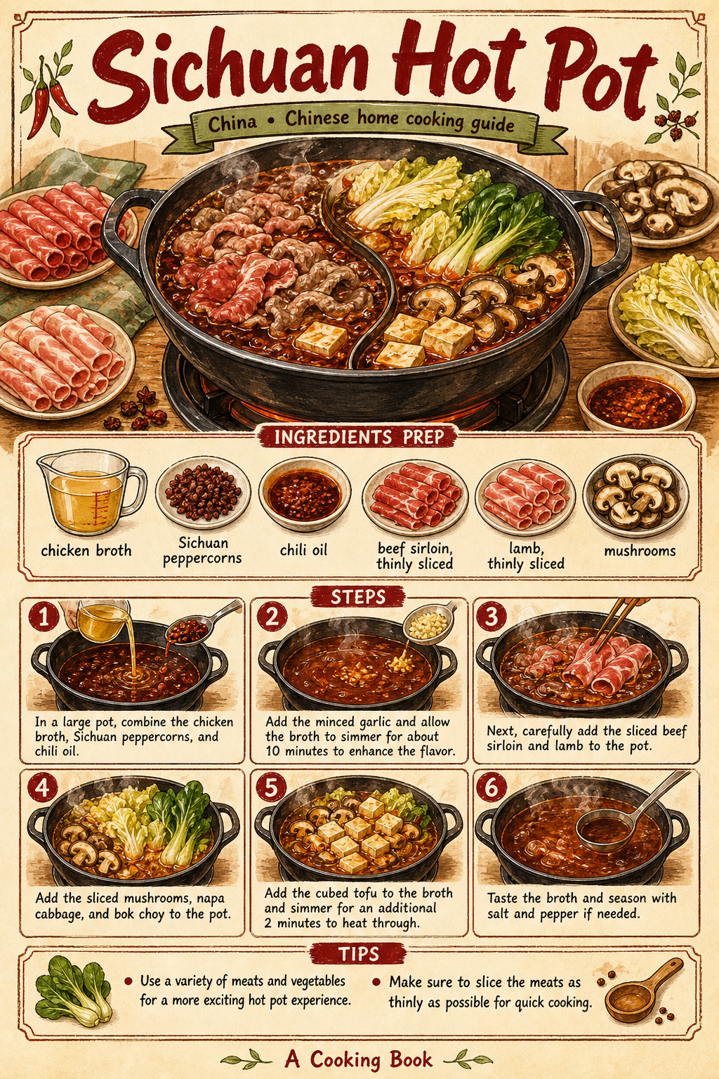 Traditional Sichuan Beef-Tallow Hot Pot with Doubanjiang, Dried Chilies, and Peppercorns illustrated step-by-step cooking guide