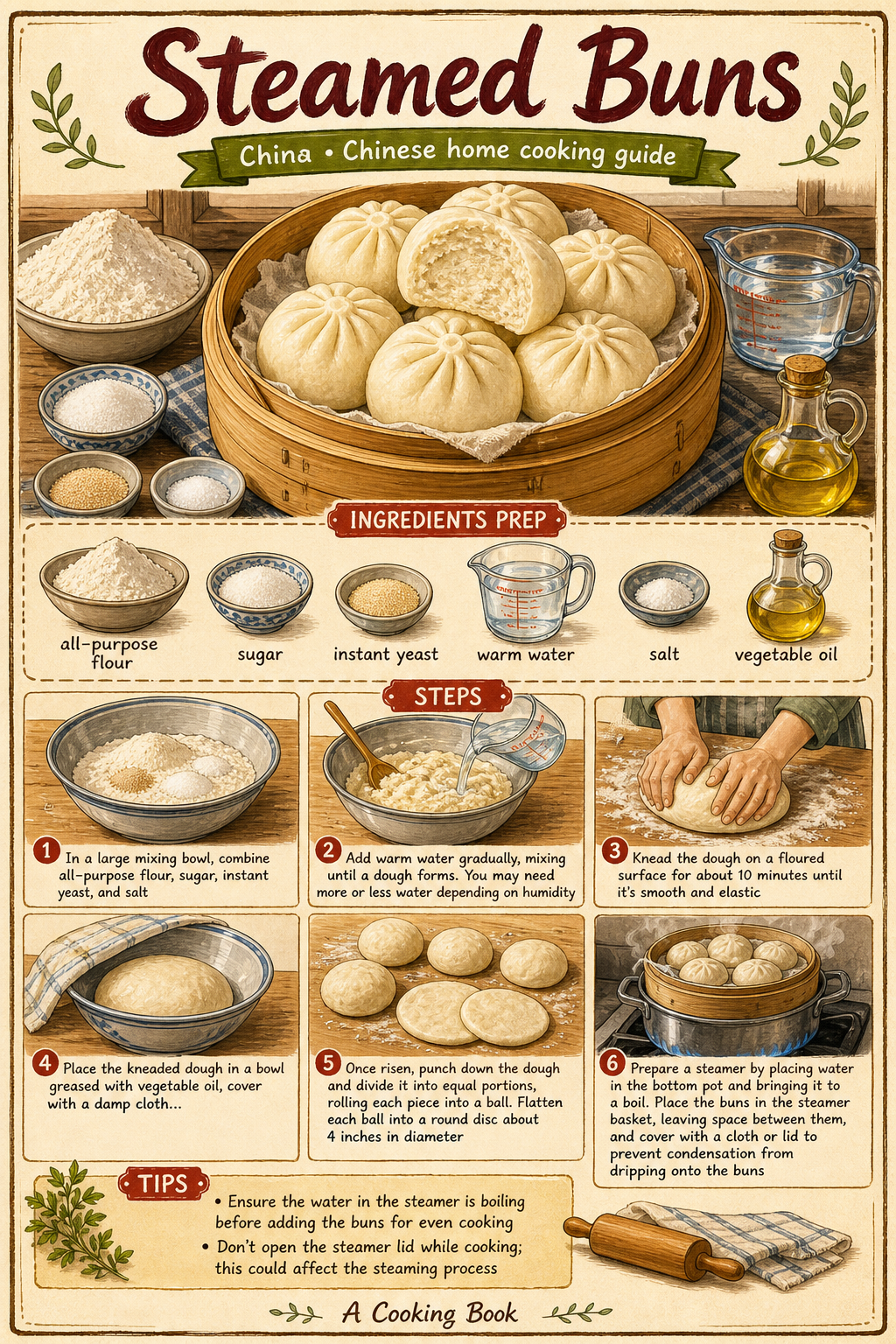 Chinese Mantou (Plain Steamed Buns) illustrated step-by-step cooking guide