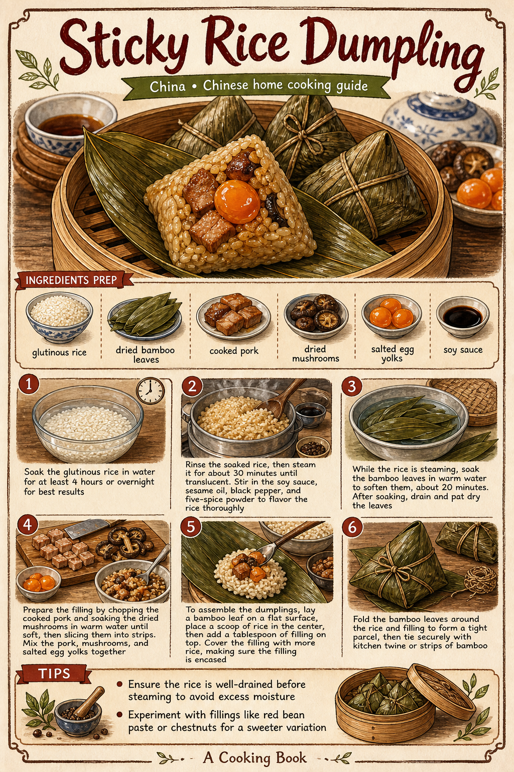 Savory Pork Zongzi (Sticky Rice Dumplings) illustrated step-by-step cooking guide