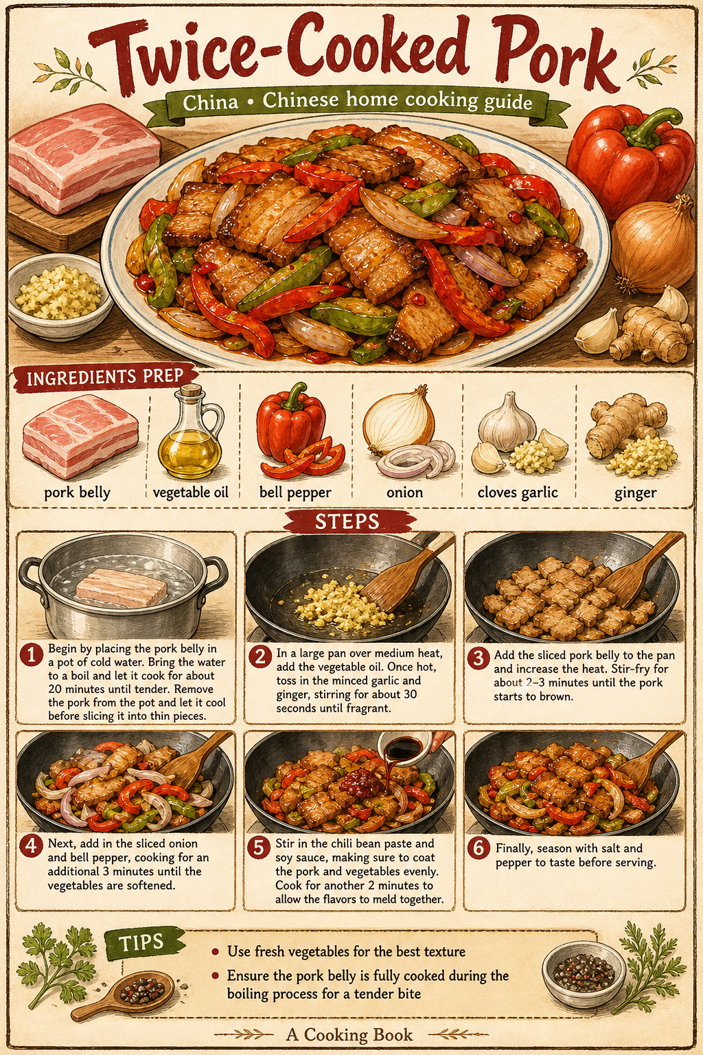 Sichuan Twice-Cooked Pork with Green Garlic, Doubanjiang, and Douchi illustrated step-by-step cooking guide