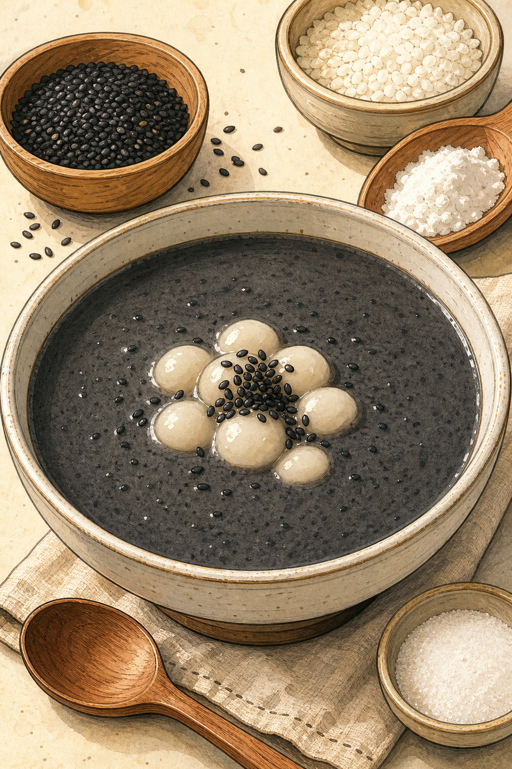 Heukimja-juk (Korean Black Sesame Porridge) illustrated recipe card
