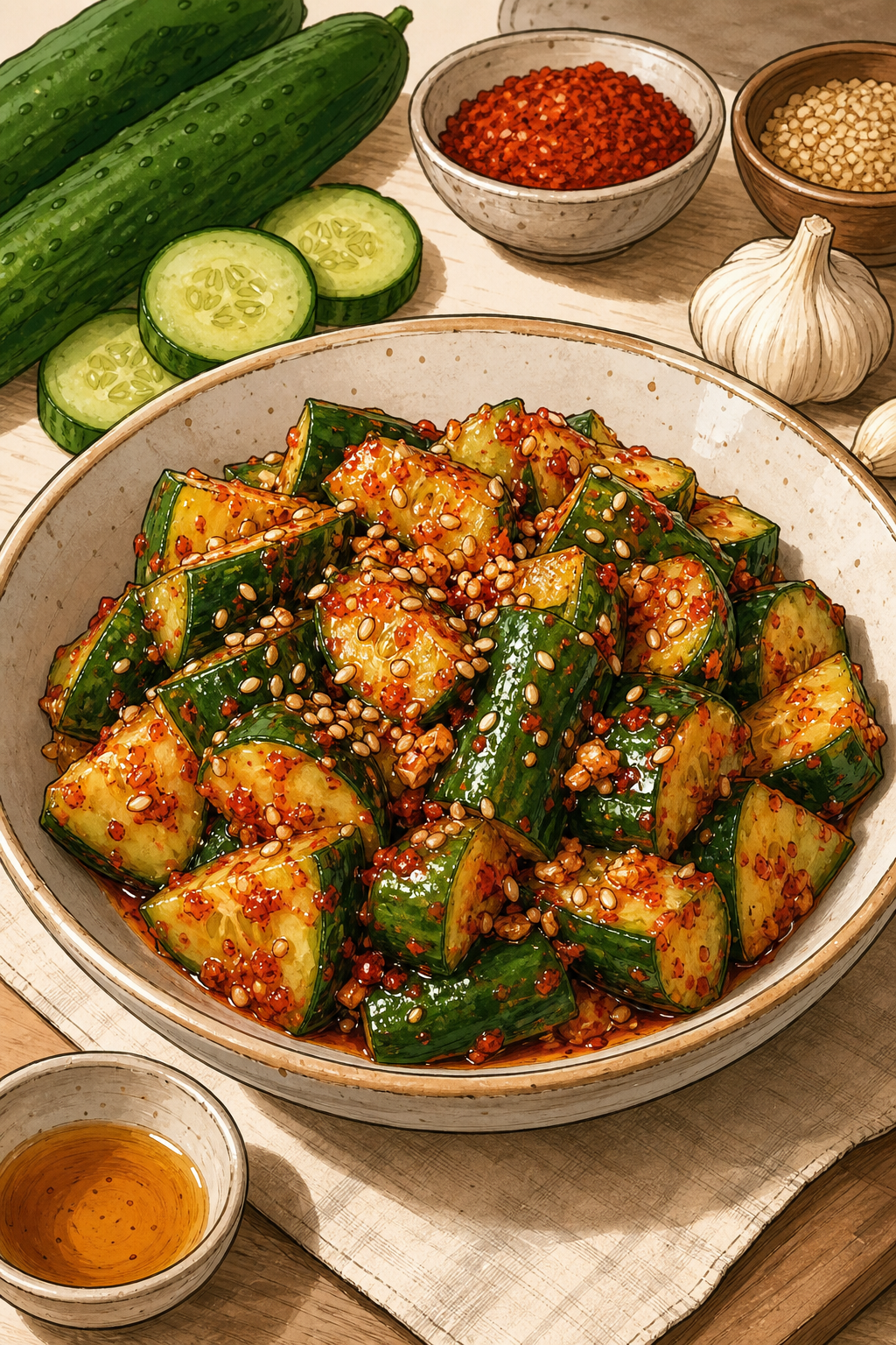 Oi Muchim (Korean Spicy Cucumber Salad) illustrated recipe card