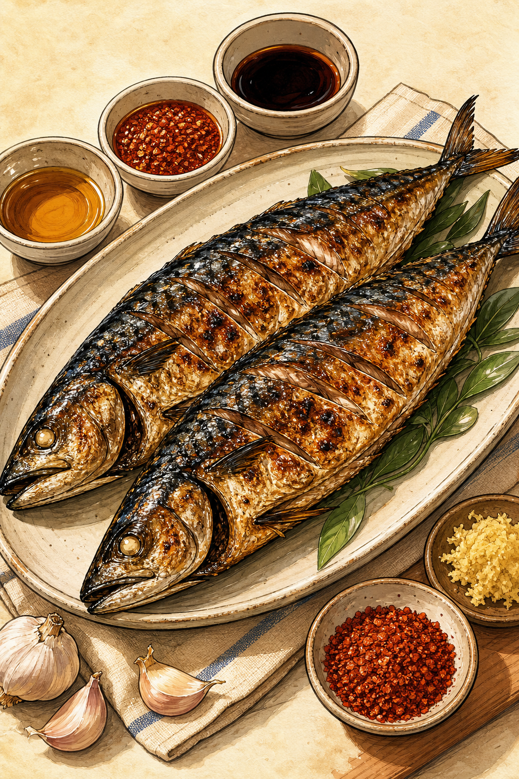 Godeungeo-gui (Korean Salt-Grilled Mackerel) illustrated recipe card