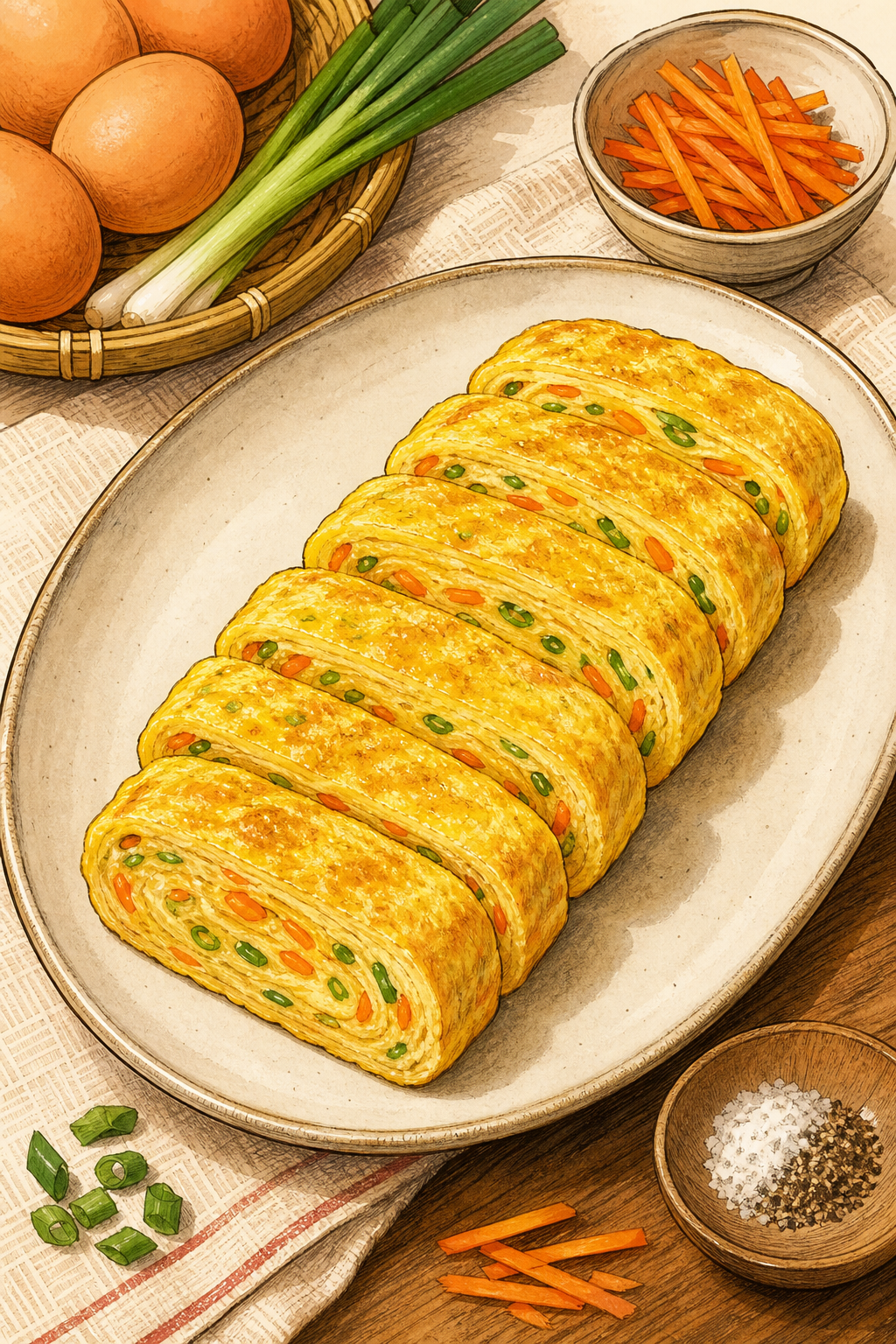Gyeran Mari (Korean Rolled Omelette with Scallions and Carrot)