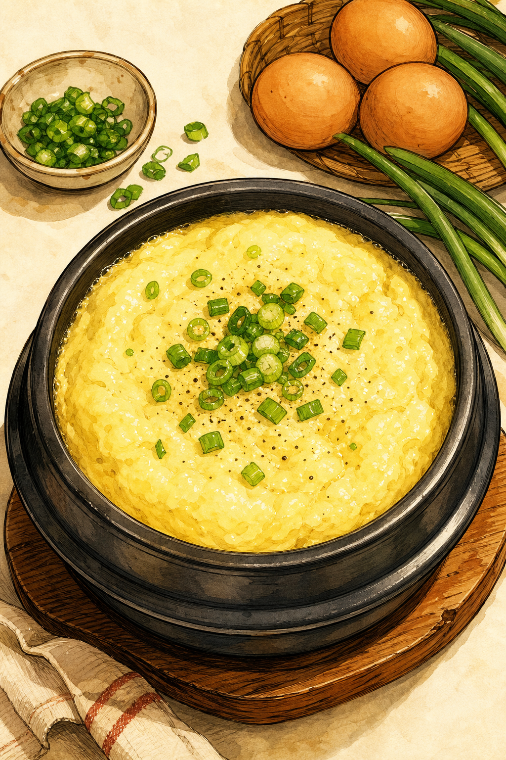 Gyeran-jjim (Korean Steamed Egg Custard) illustrated recipe card