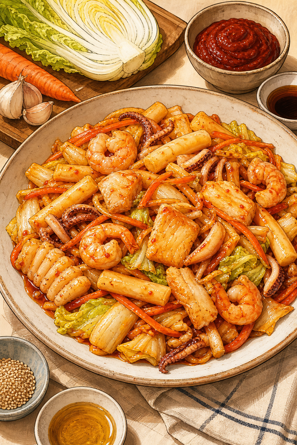 Haemul Tteokbokki (Korean Spicy Rice Cakes with Seafood)