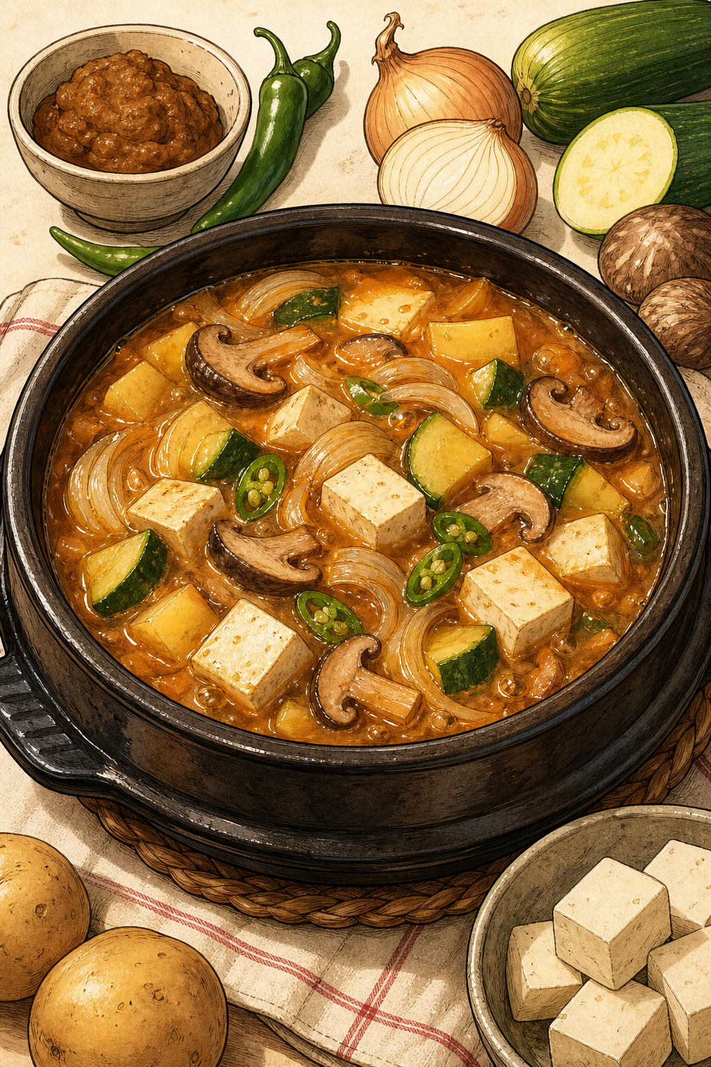 Doenjang Jjigae (Korean Soybean Paste Stew) illustrated recipe card