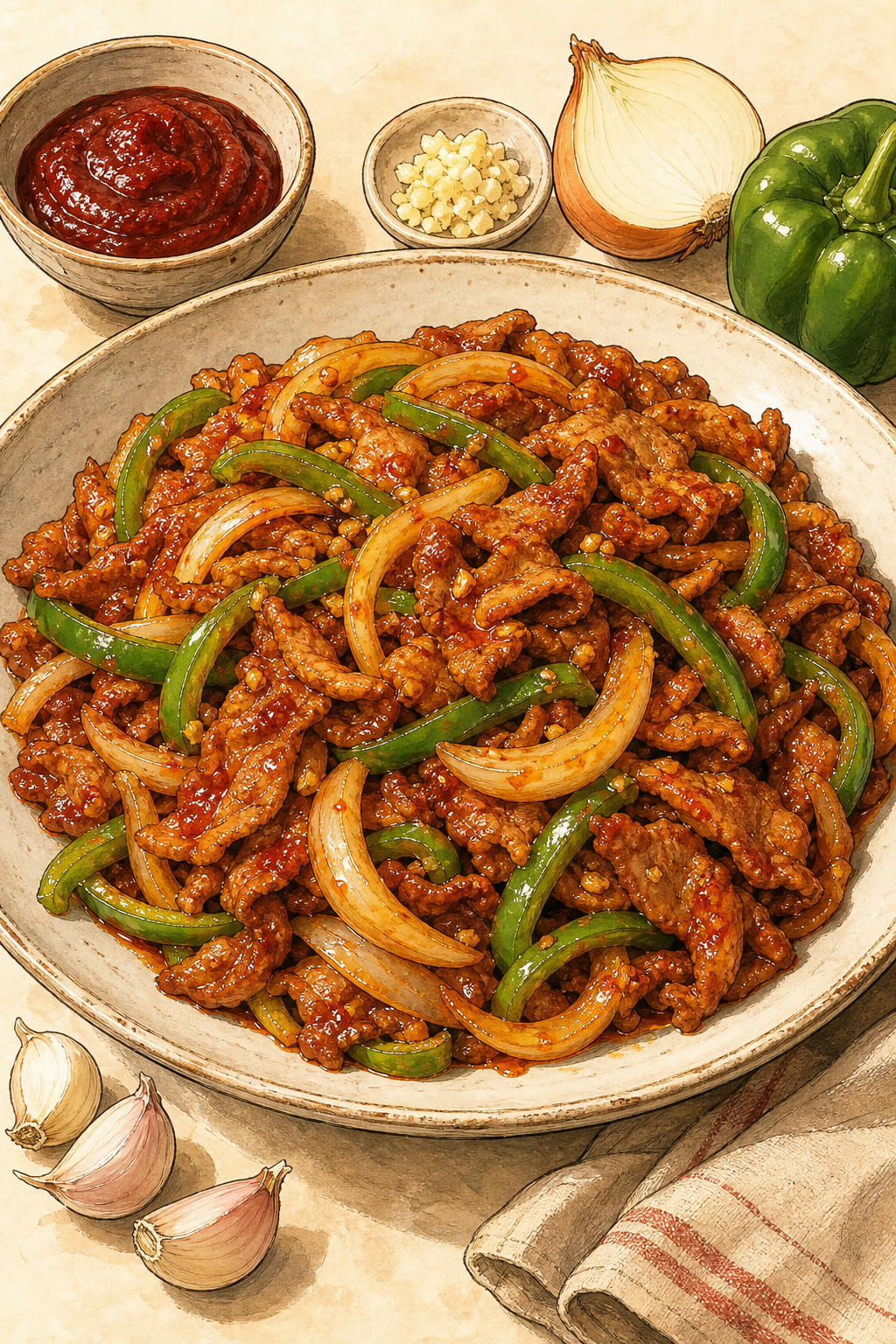 Jeyuk Bokkeum (Korean Spicy Pork Stir-Fry) illustrated recipe card