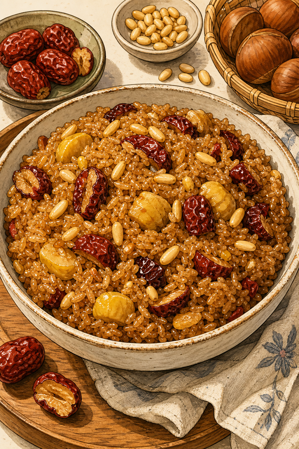 Yaksik (Korean Sweet Glutinous Rice with Jujubes, Chestnuts, and Pine Nuts) illustrated recipe card
