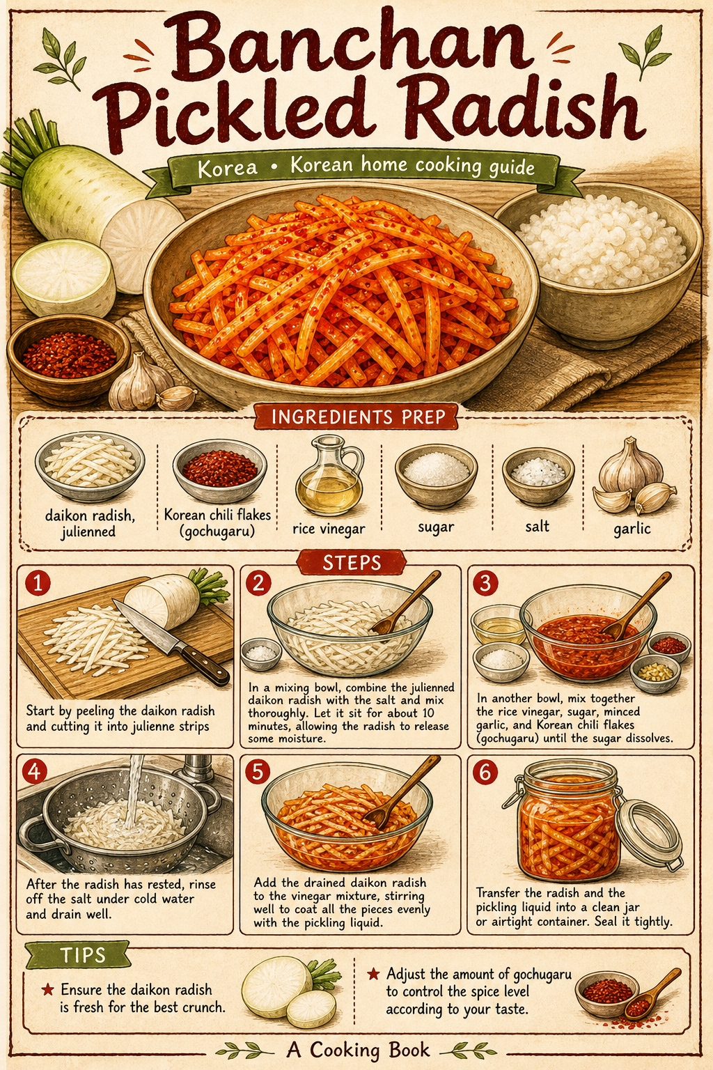 Musaengchae (Korean Spicy Radish Salad) illustrated step-by-step cooking guide