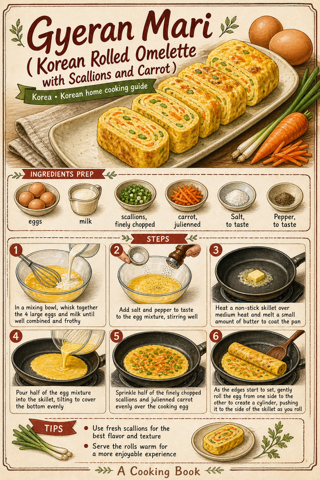 Gyeran Mari (Korean Rolled Omelette with Scallions and Carrot) illustrated step-by-step cooking guide