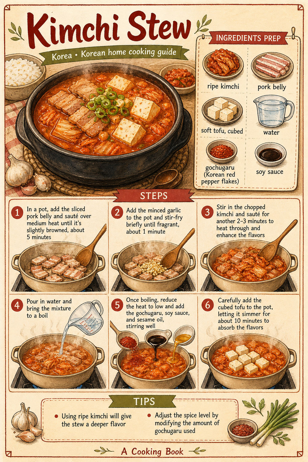 Pork Kimchi Jjigae with Aged Kimchi and Tofu illustrated step-by-step cooking guide