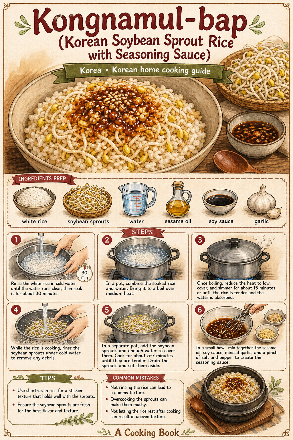 Kongnamul-bap (Korean Soybean Sprout Rice with Seasoning Sauce) illustrated step-by-step cooking guide