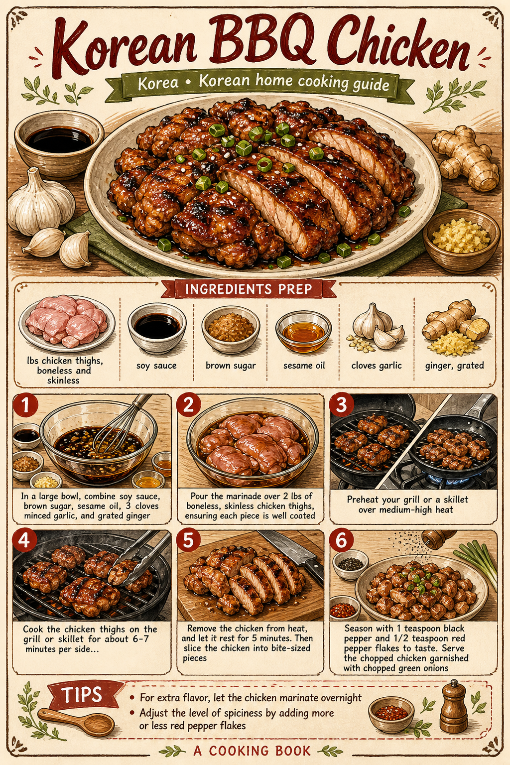 Dak Bulgogi (Korean Grilled Soy-Garlic Chicken) illustrated step-by-step cooking guide