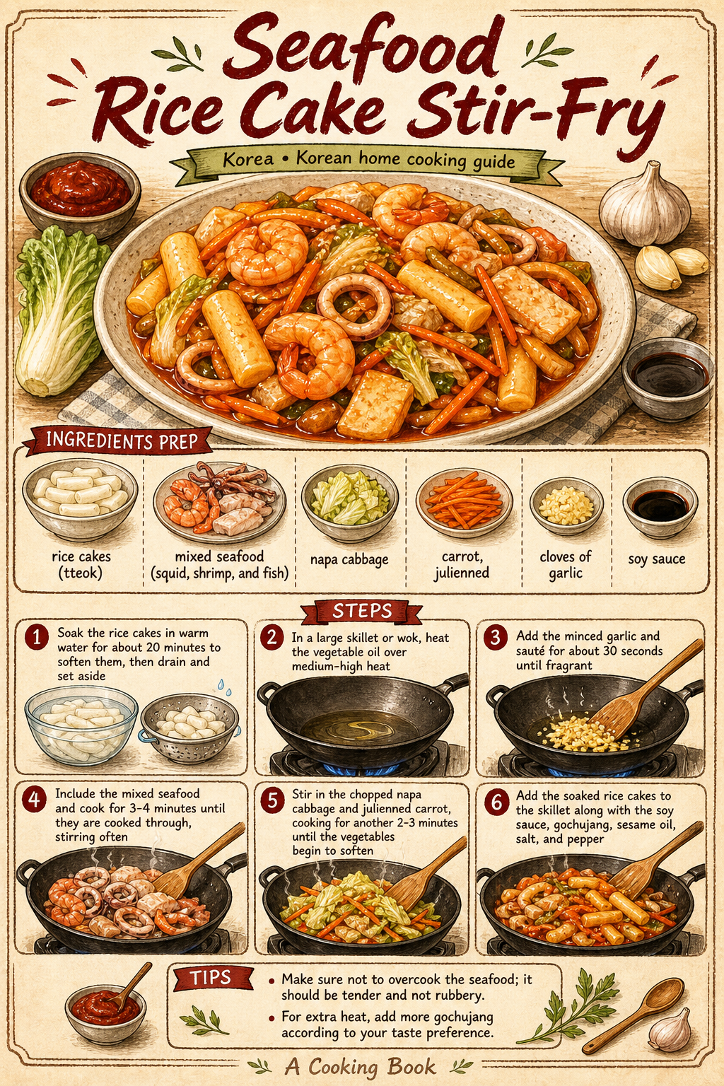 Haemul Tteokbokki (Korean Spicy Rice Cakes with Seafood) illustrated step-by-step cooking guide