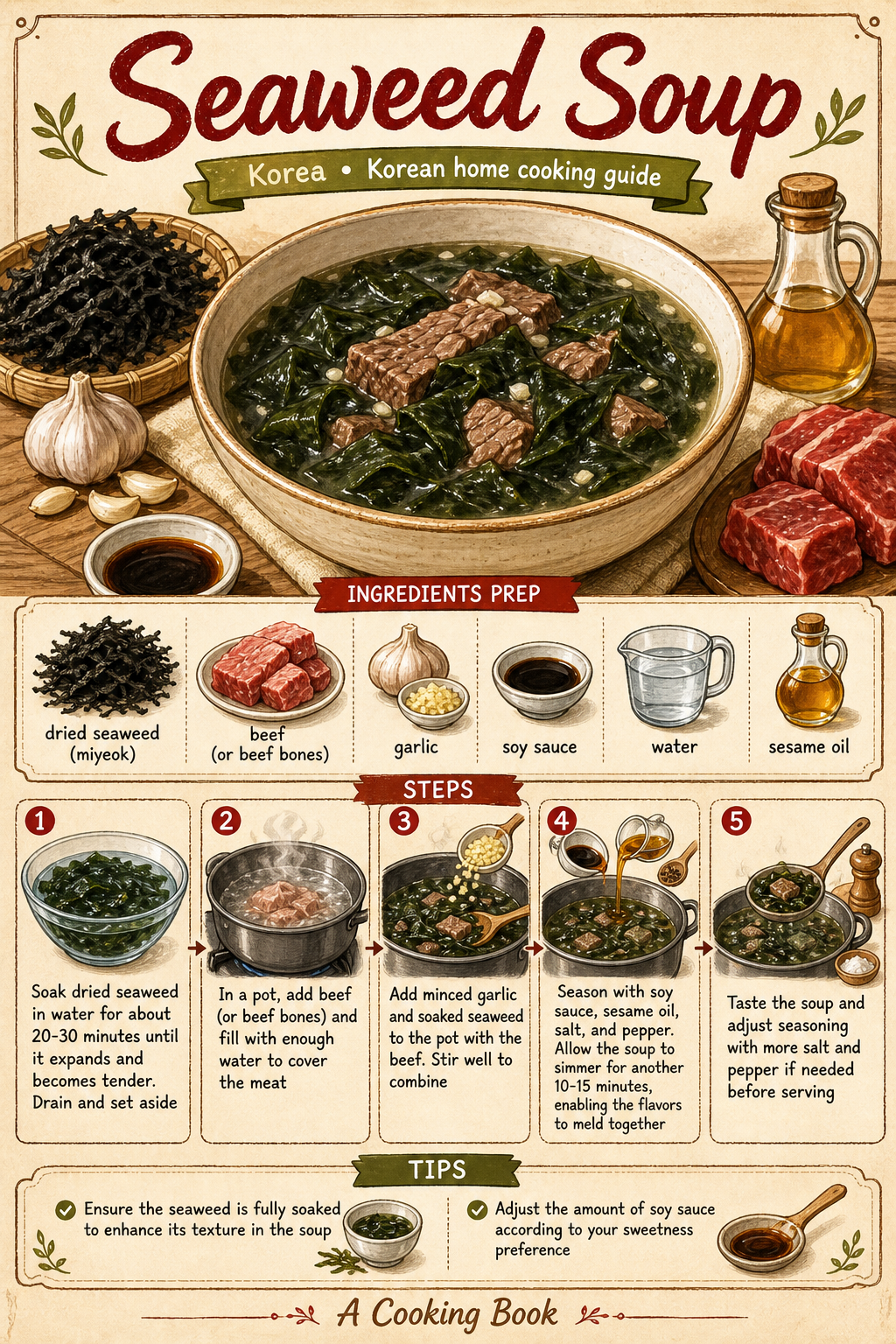 Beef Miyeok-guk (Korean Seaweed Soup) illustrated step-by-step cooking guide