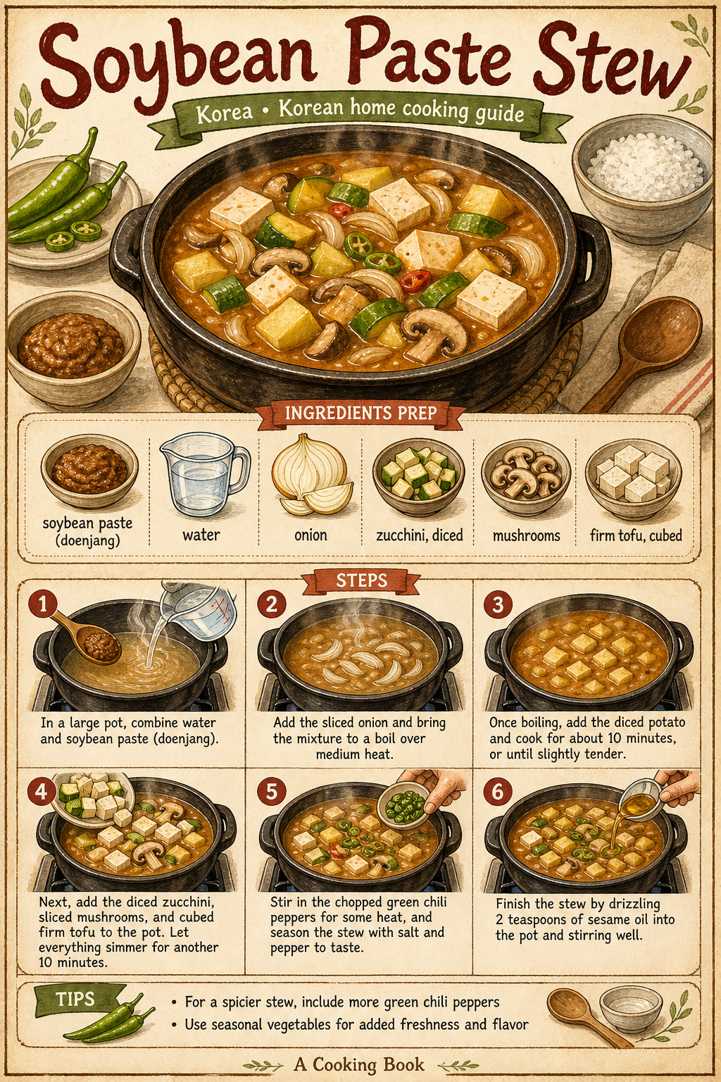 Doenjang Jjigae (Korean Soybean Paste Stew) illustrated step-by-step cooking guide