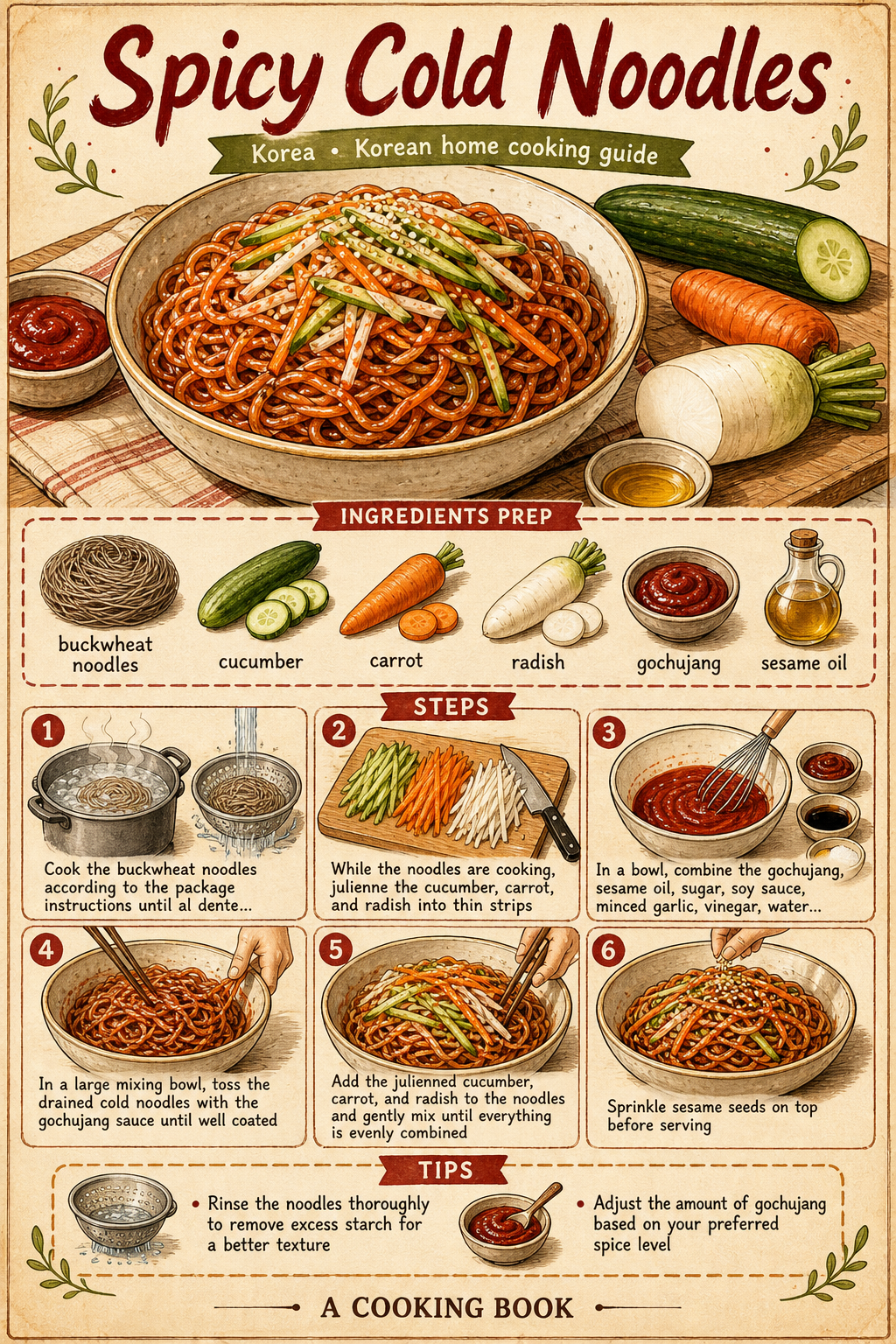 Bibim Guksu (Korean Spicy Cold Noodles) illustrated step-by-step cooking guide
