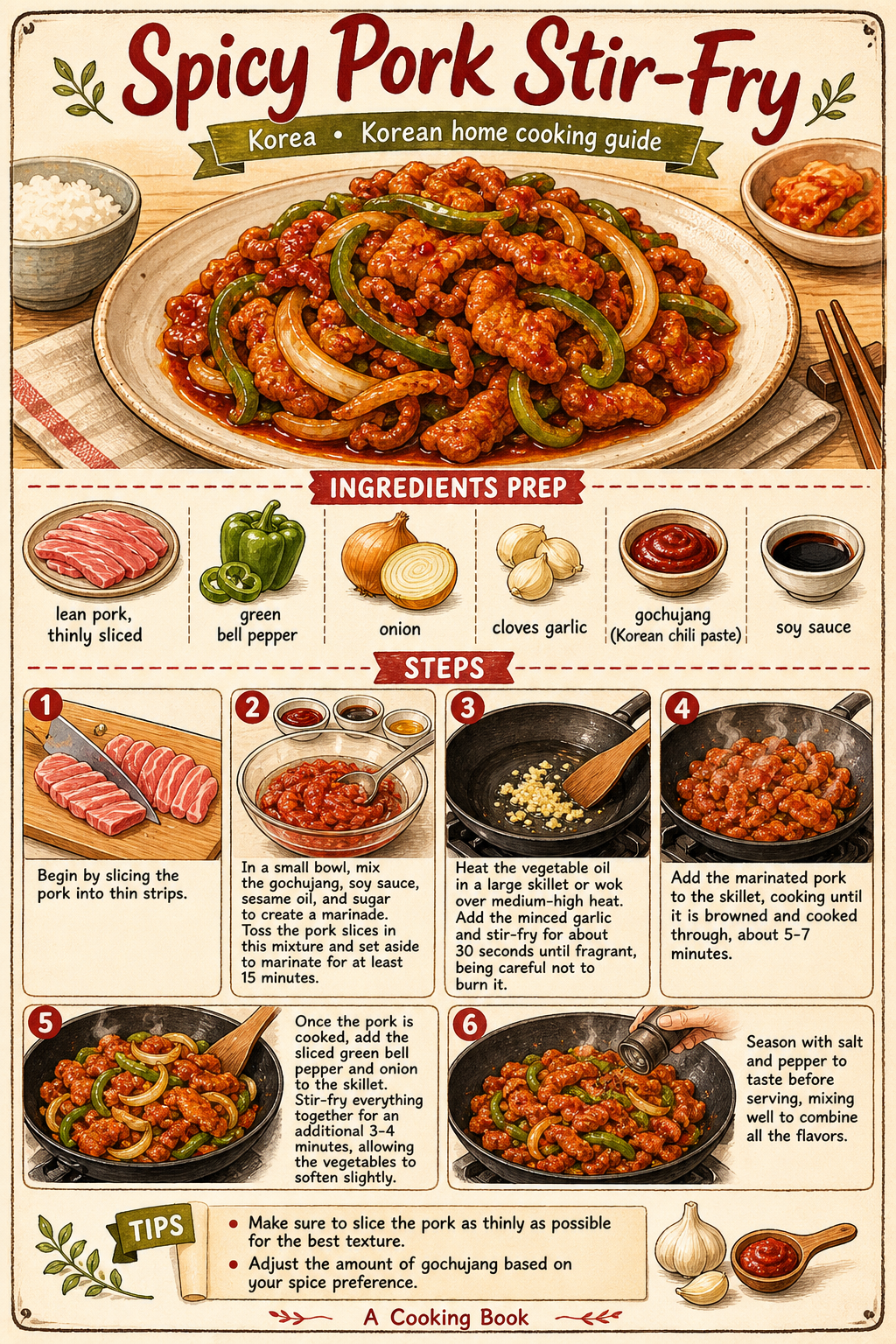 Jeyuk Bokkeum (Korean Spicy Pork Stir-Fry) illustrated step-by-step cooking guide