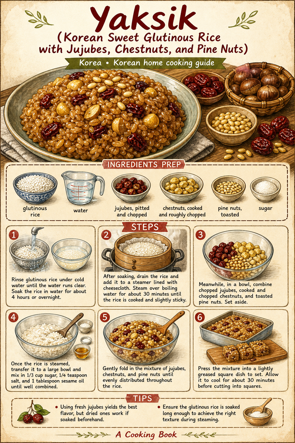 Yaksik (Korean Sweet Glutinous Rice with Jujubes, Chestnuts, and Pine Nuts) illustrated step-by-step cooking guide