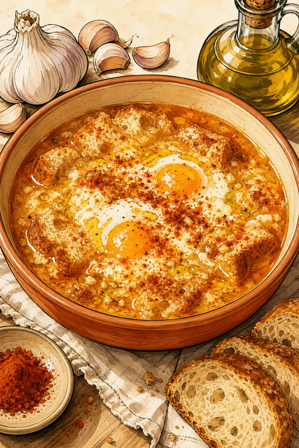 Sopa de Ajo Castellana illustrated recipe card