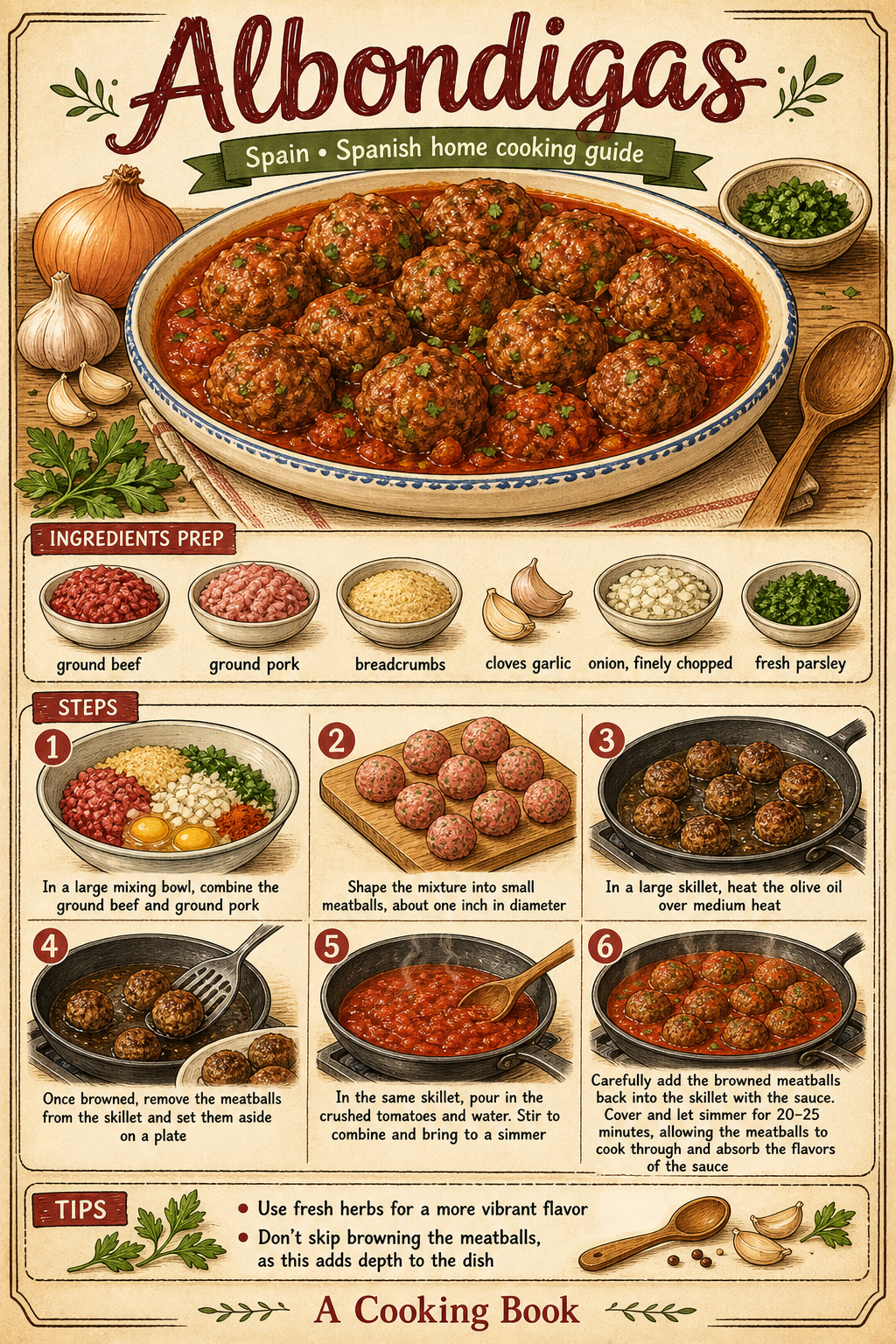 Albóndigas en Salsa de Tomate illustrated step-by-step cooking guide