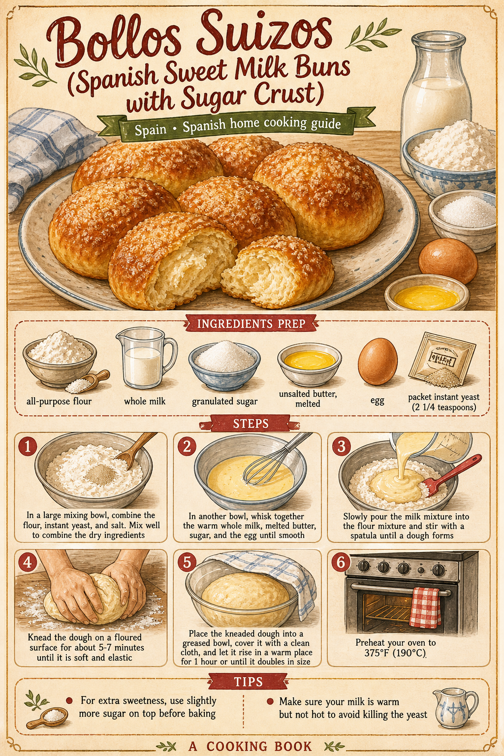 Bollos Suizos (Spanish Sweet Milk Buns with Sugar Crust) illustrated step-by-step cooking guide