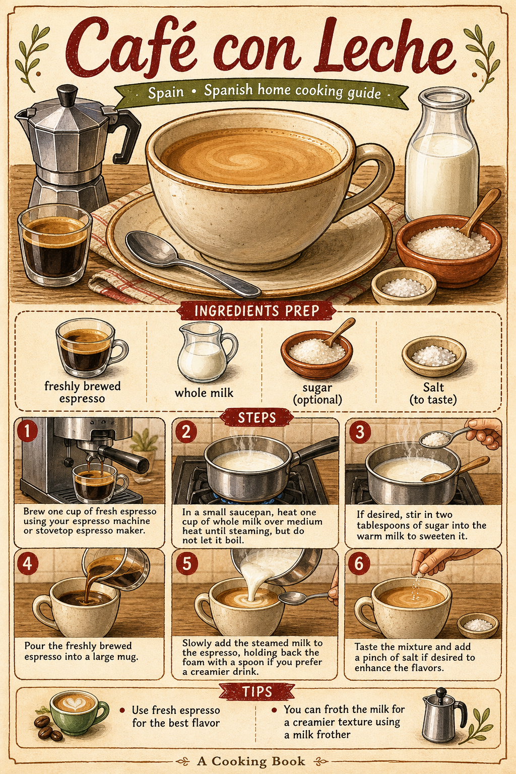 Café con Leche illustrated step-by-step cooking guide