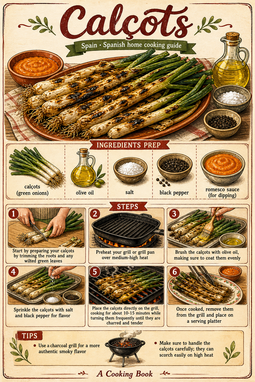 Calçots a la Brasa with Salvitxada illustrated step-by-step cooking guide