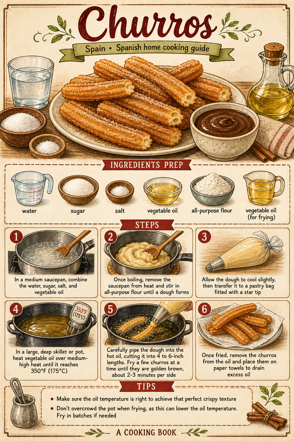 Churros con Chocolate illustrated step-by-step cooking guide