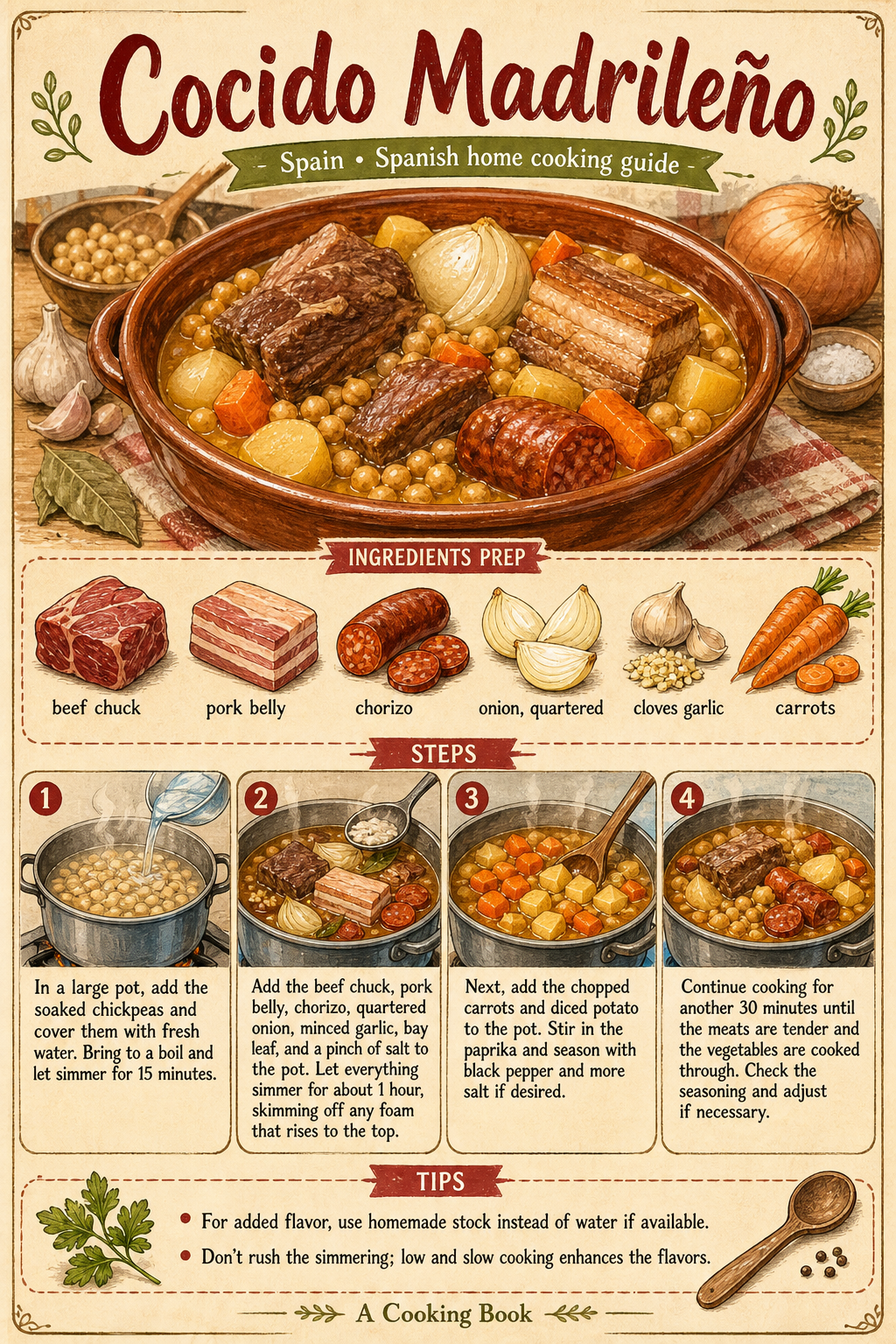 Cocido Madrileño illustrated step-by-step cooking guide