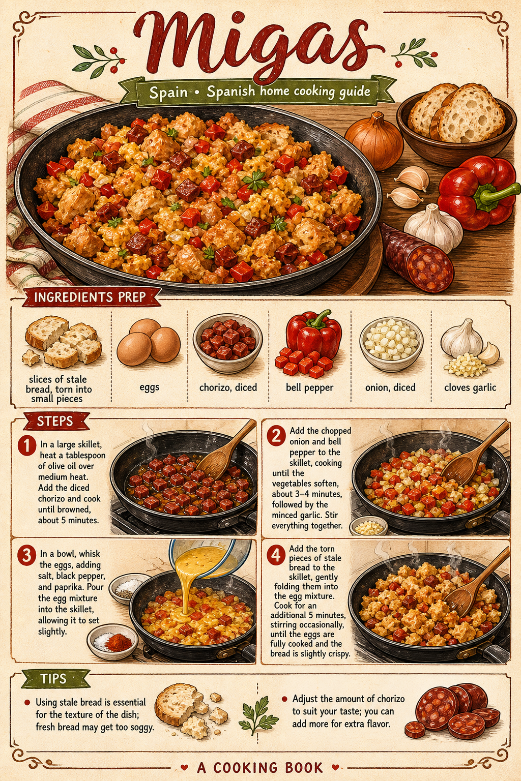 Migas Extremeñas (Spanish Fried Breadcrumbs with Chorizo and Garlic) illustrated step-by-step cooking guide