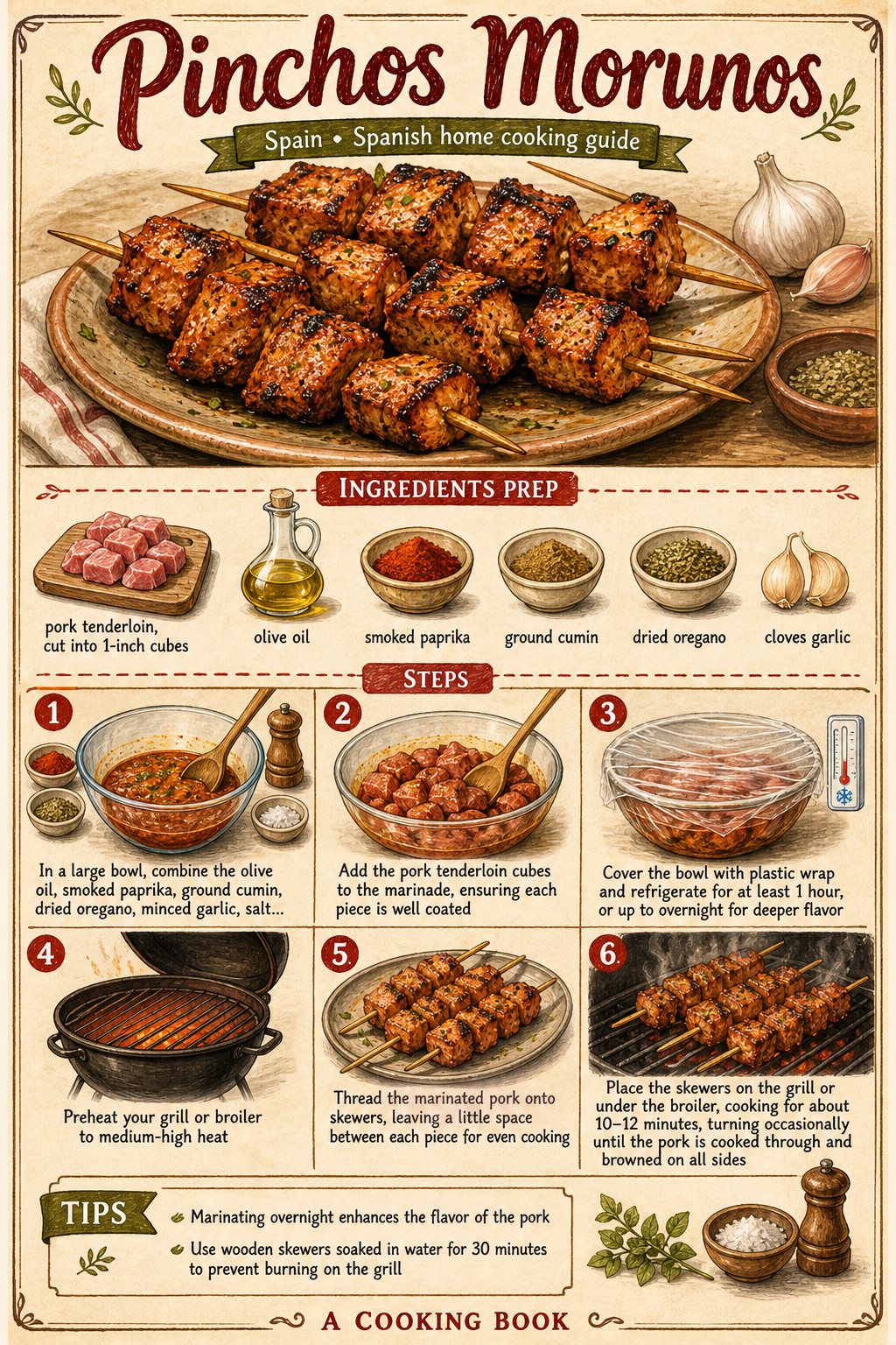 Pinchos Morunos (Spanish Moorish-Spiced Pork Skewers) illustrated step-by-step cooking guide