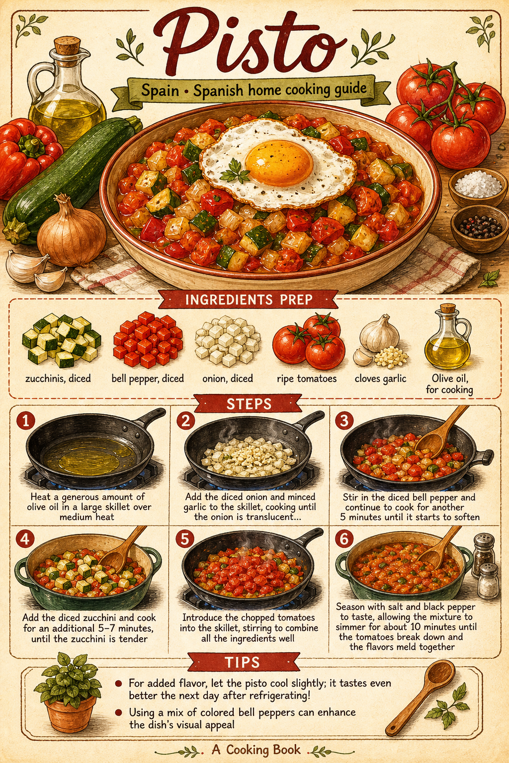 Pisto Manchego (Spanish Vegetable Stew) illustrated step-by-step cooking guide
