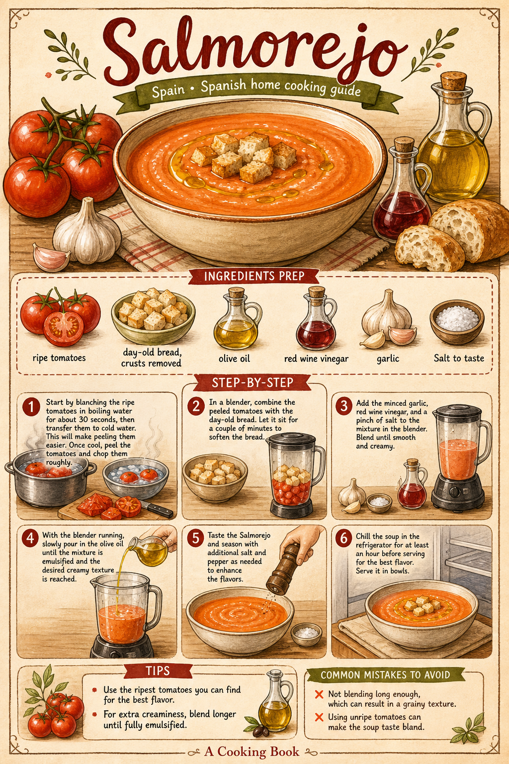 Salmorejo Cordobés illustrated step-by-step cooking guide